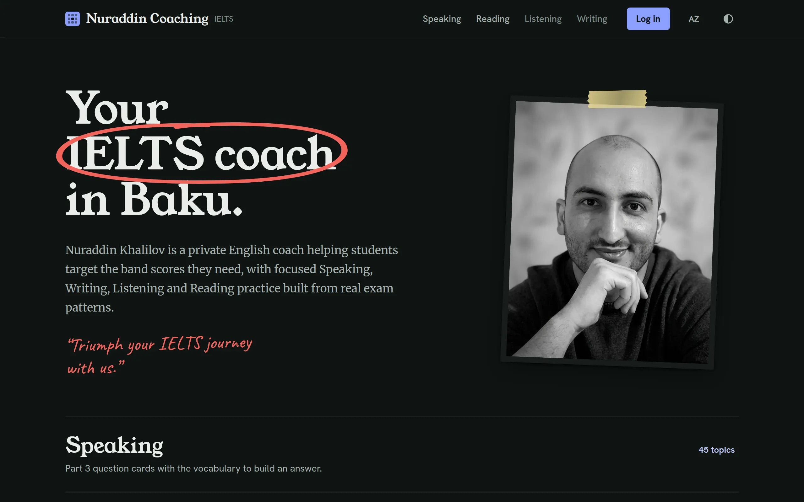 Nuraddin Coaching IELTS məşq platformasının ana səhifəsi